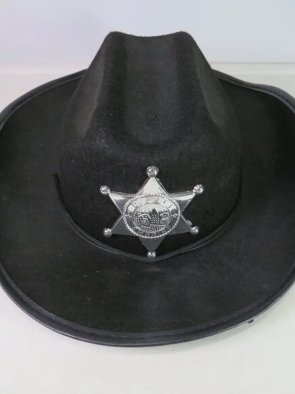 Vintage Kids Black Cowboy Hat Silver Deputy Sheriff Badge Felt Western Costume